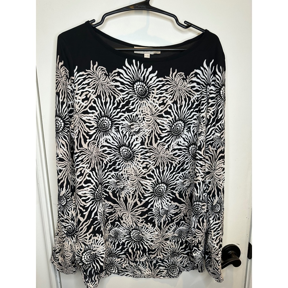 Ann Taylor LOFT Womens Black White Floral Sunburst Boat Neck Blouse Size M